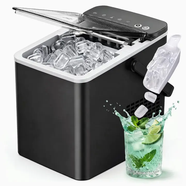 EUHOMY Countertop Ice Maker with Handle, 26 lbs/Day Portable Ice Machine, 9 Bullet Cubes in 6 Minutes, 2 Ice Sizes, Self-Cleaning, 1.1L Water - Black