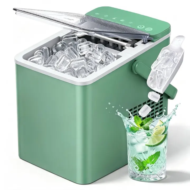 EUHOMY Countertop Ice Maker with Handle, 26 lbs/Day Portable Ice Machine, 9 Bullet Cubes in 6 Minutes, 2 Ice Sizes, Self-Cleaning, 1.1L Water - Green