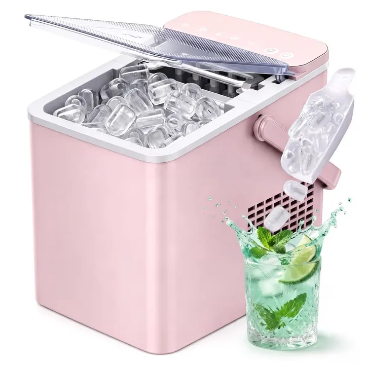 EUHOMY Countertop Ice Maker with Handle, 26 lbs/Day Portable Ice Machine, 9 Bullet Cubes in 6 Minutes, 2 Ice Sizes, Self-Cleaning, 1.1L Water - Pink