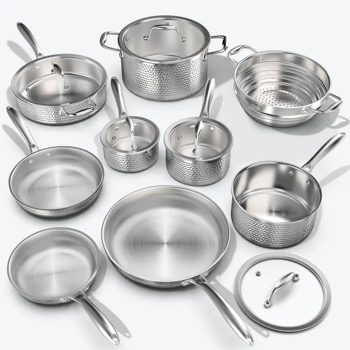 Pots and Pans Set Tri-ply Clad Stainless Steel Cookware Set - Silver