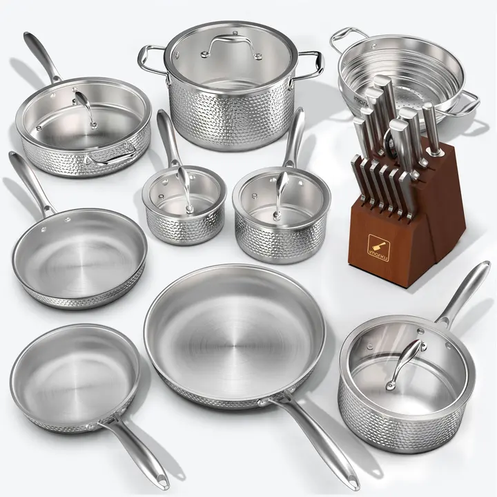 Hammered Stainless Steel Cookware Set & Japanese Knife Set Bundle Imarku - Brown