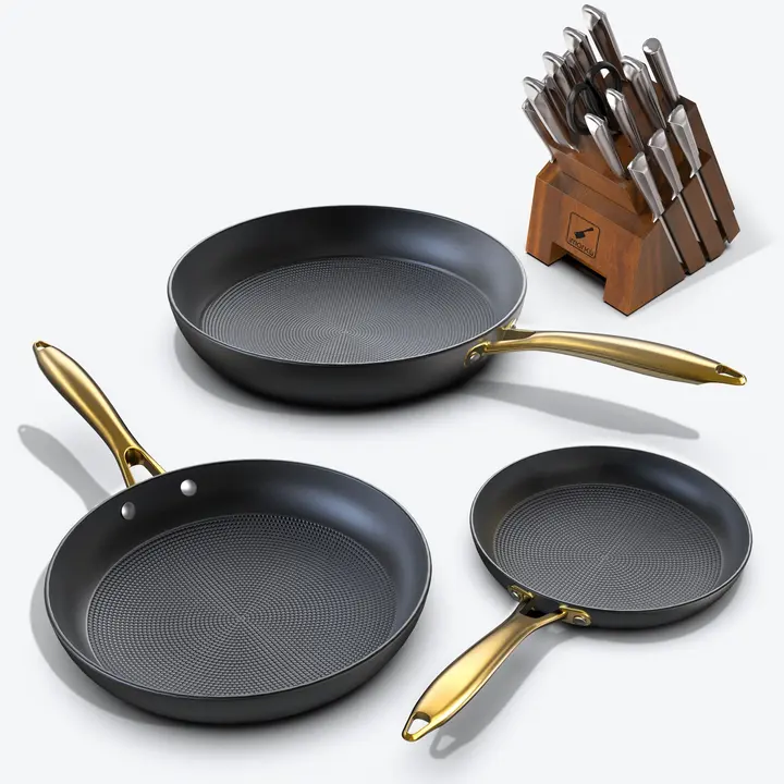 Frying Pan Set with Golden Handle and Redot Awarded Knife Set Bundle - Brown