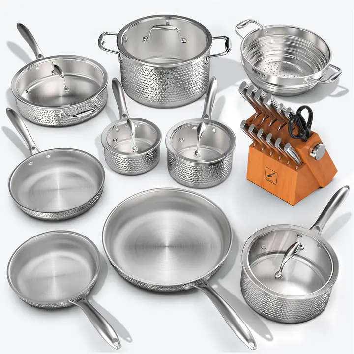 Premium Stainless Steel Cookware Set and 14 Piece Knife Set Design Bundle - Orange