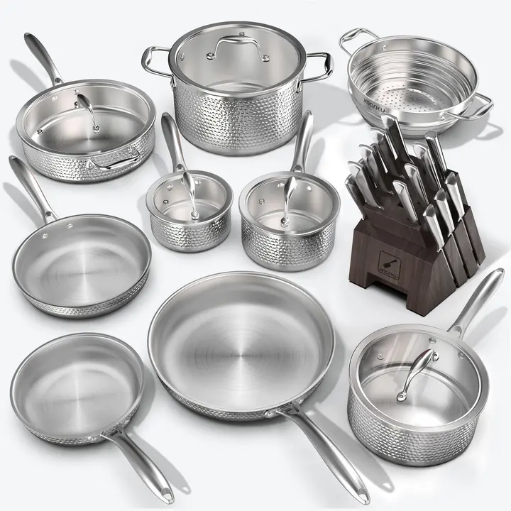 Hammered Stainless Steel Cookware Set and Razor-sharp Knife Set Bundle - Gray