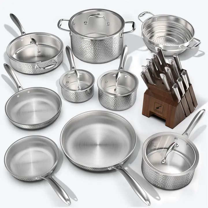 Hammered Stainless Steel Cookware Set and Razor-sharp Knife Set Bundle - Brown
