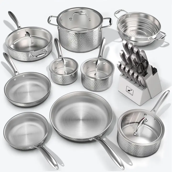 14 Piece Stainless Steel Cookware and 15 Piece Knife Set with Block Bundle - White