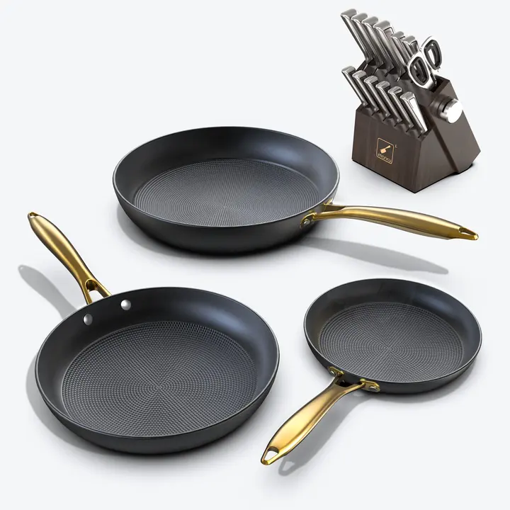 Complete High-Carbon Steel Knife & Nonstick Craft Pan Set - Black