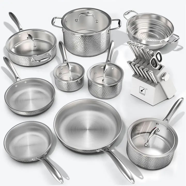 Tri-Ply Stainless Steel Cookware and Forged Knife Set with Sharpener - White