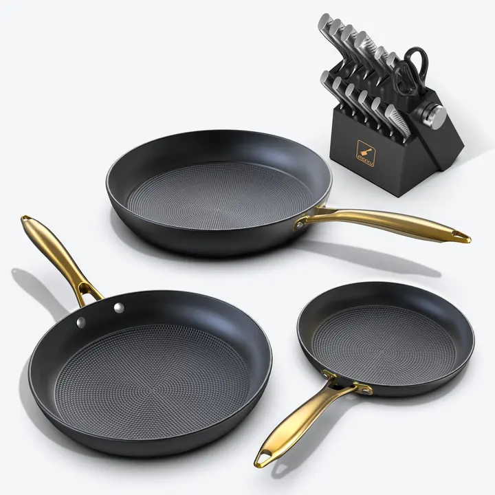 Nonstick Honeycomb Frying Pan Set and 14-Piece Kitchen Knife Set Bundle - Black