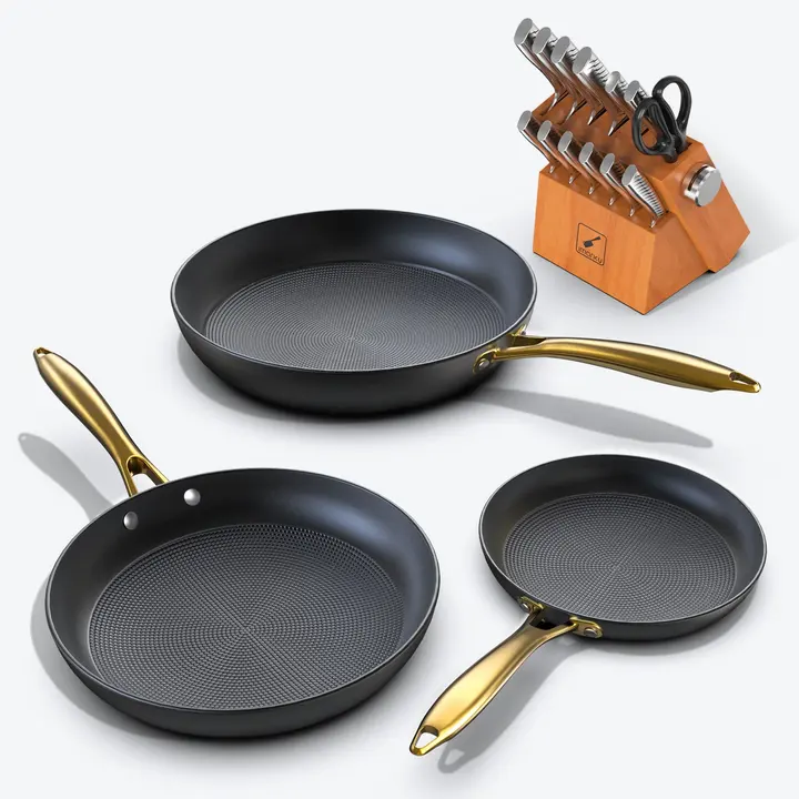 Nonstick Honeycomb Frying Pan Set and 14-Piece Kitchen Knife Set Bundle - Orange