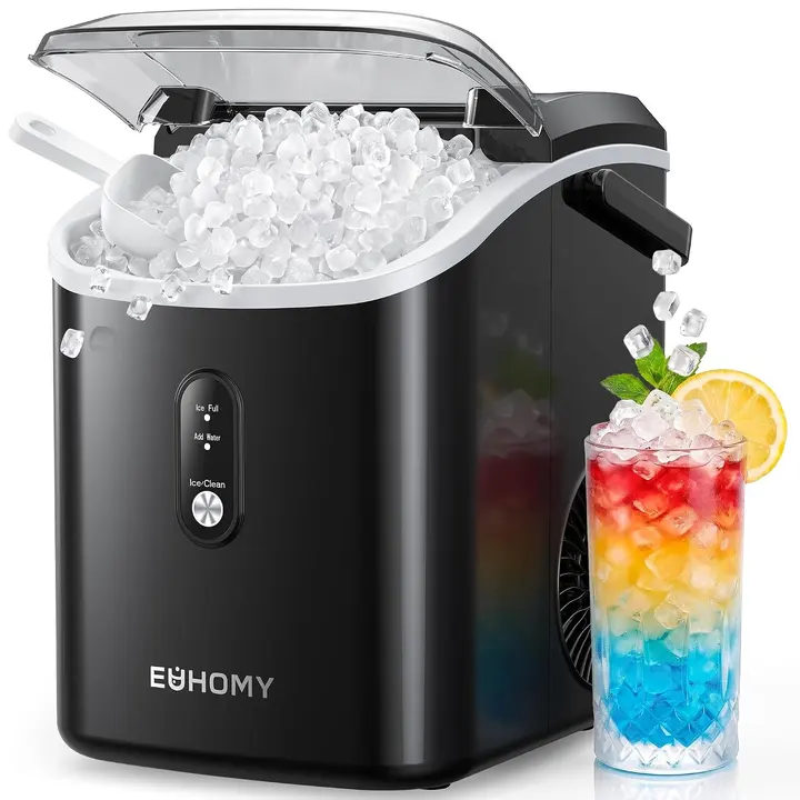 EUHOMY Nugget Ice Maker Countertop with Handle, Ready in 6 Mins, 34lbs Per Day, Removable Top Cover, Auto-Cleaning, Portable Sonic Ice Maker with